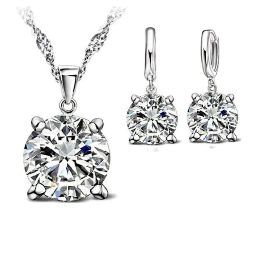 ⭐4pc Bundle Sale⭐ Round Diamond Set Pendant And Earrings w 18" Chain 925 Silver - Picture 1 of 5